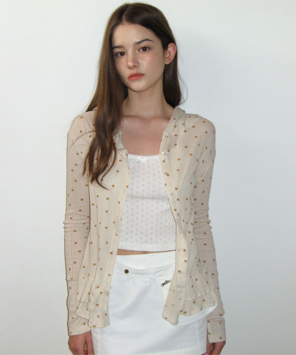 MUSINSA | CRANK Dot Frill Sheer Hood Cardigan_Beige