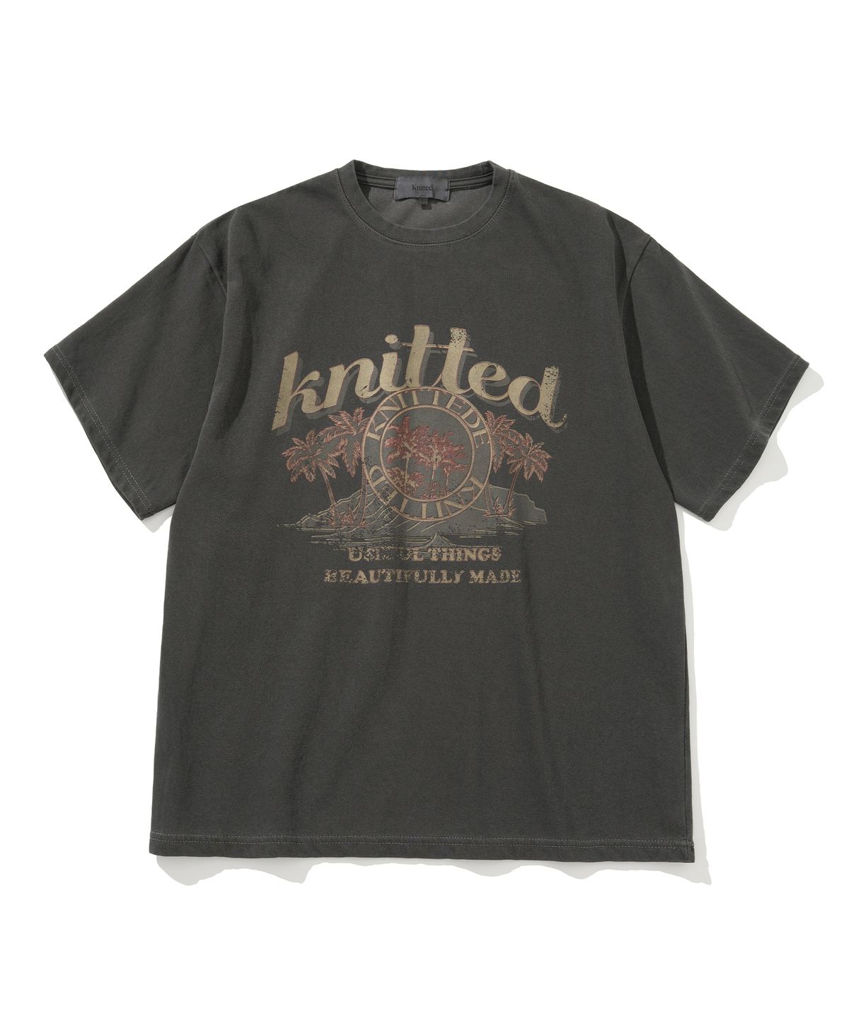 니티드(KNITTED) (UNISEX) 피그먼트 팜트리 그래픽 티셔츠 CHARCOAL