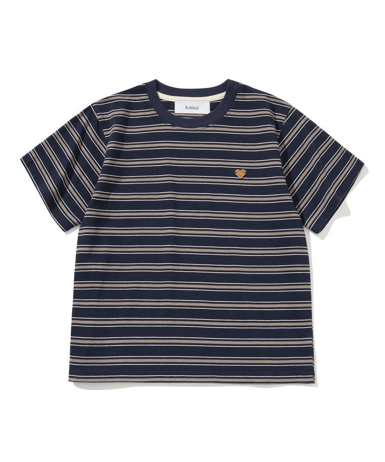 (UNISEX) 스트라이프 레더 하트 티셔츠 NAVY