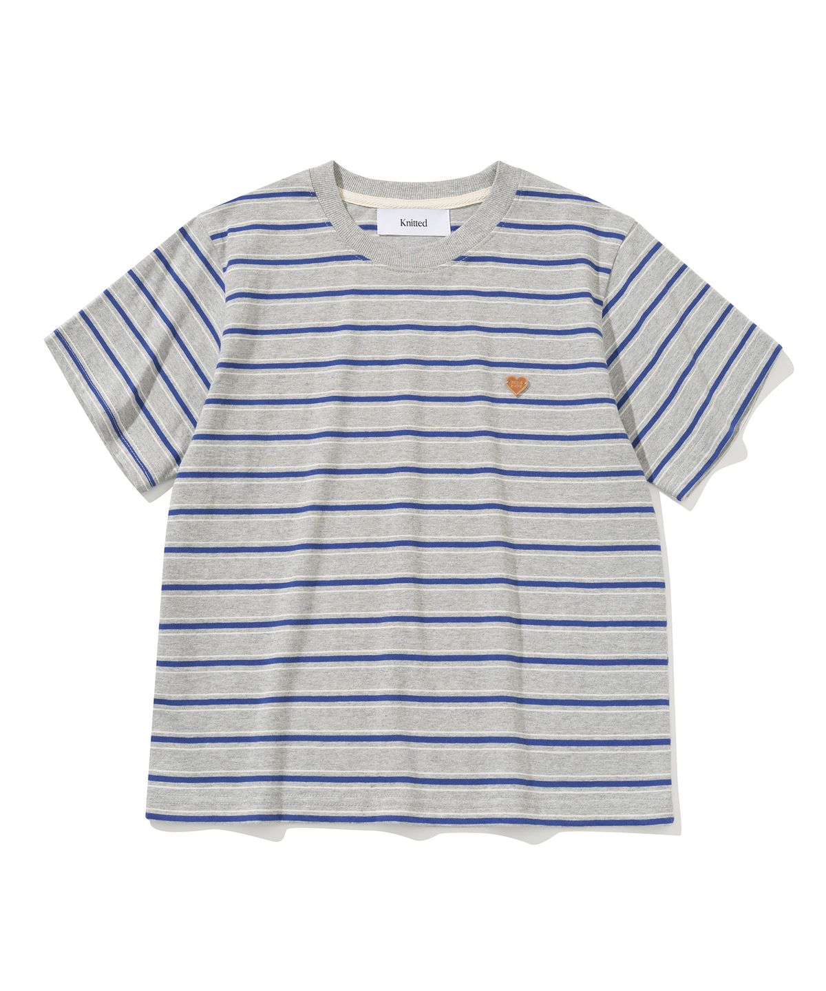 니티드(KNITTED) (UNISEX) 스트라이프 레더 하트 티셔츠 GREY