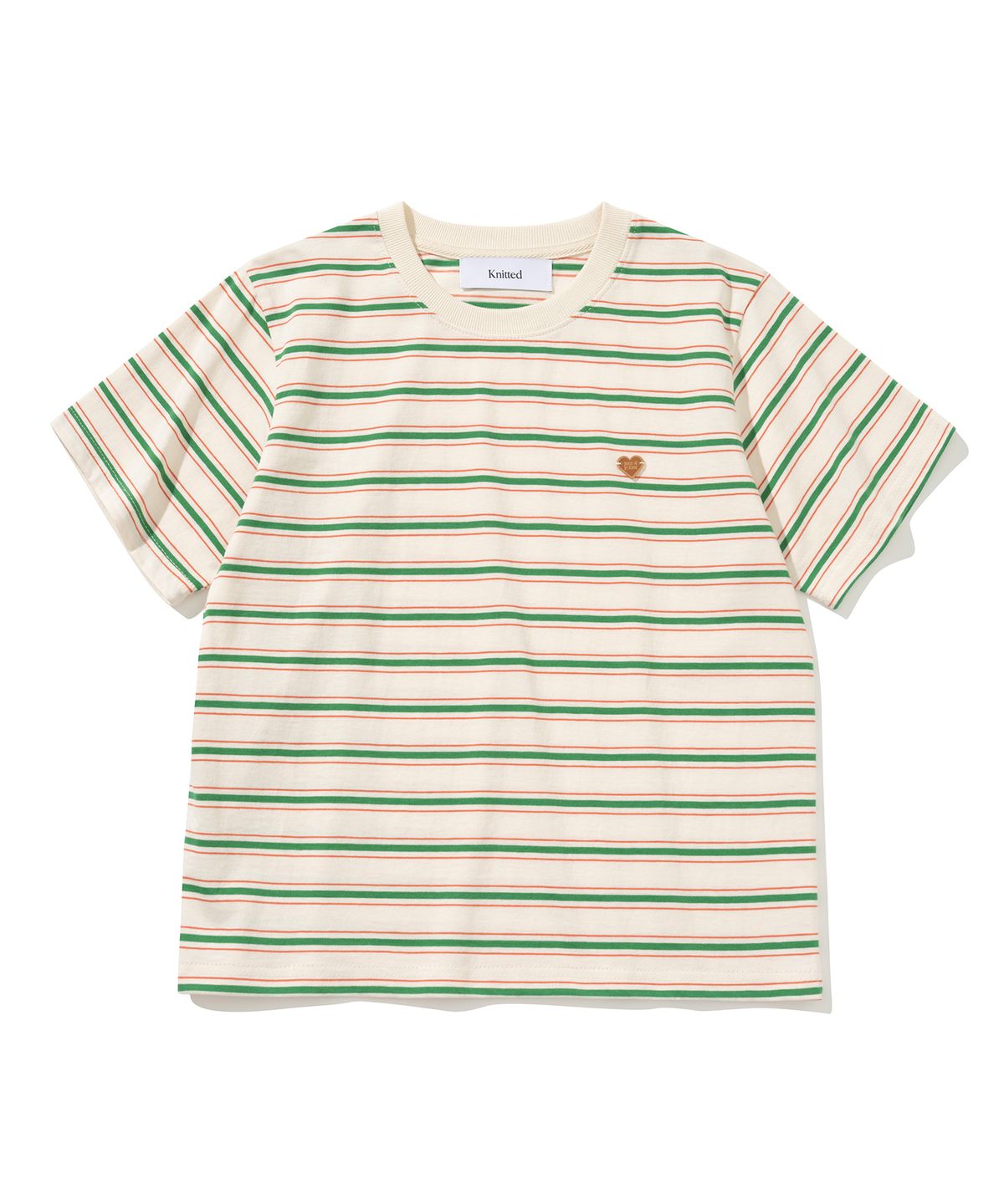 니티드(KNITTED) (UNISEX) 스트라이프 레더 하트 티셔츠 CREAM