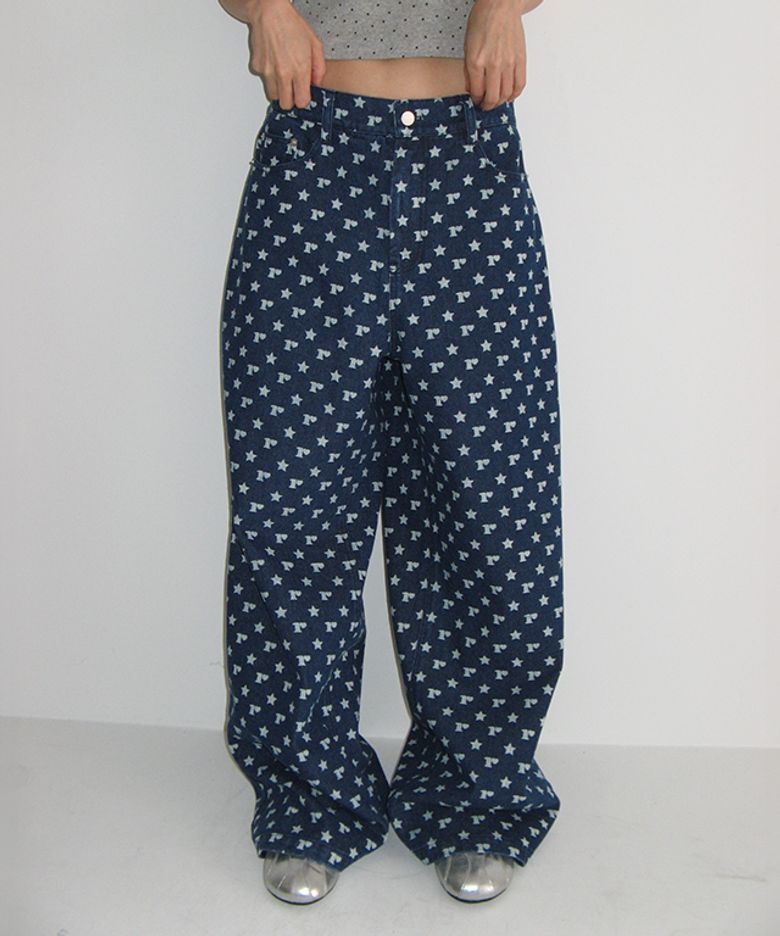 R STAR PRINTED DENIM PANTS DEEP BLUE