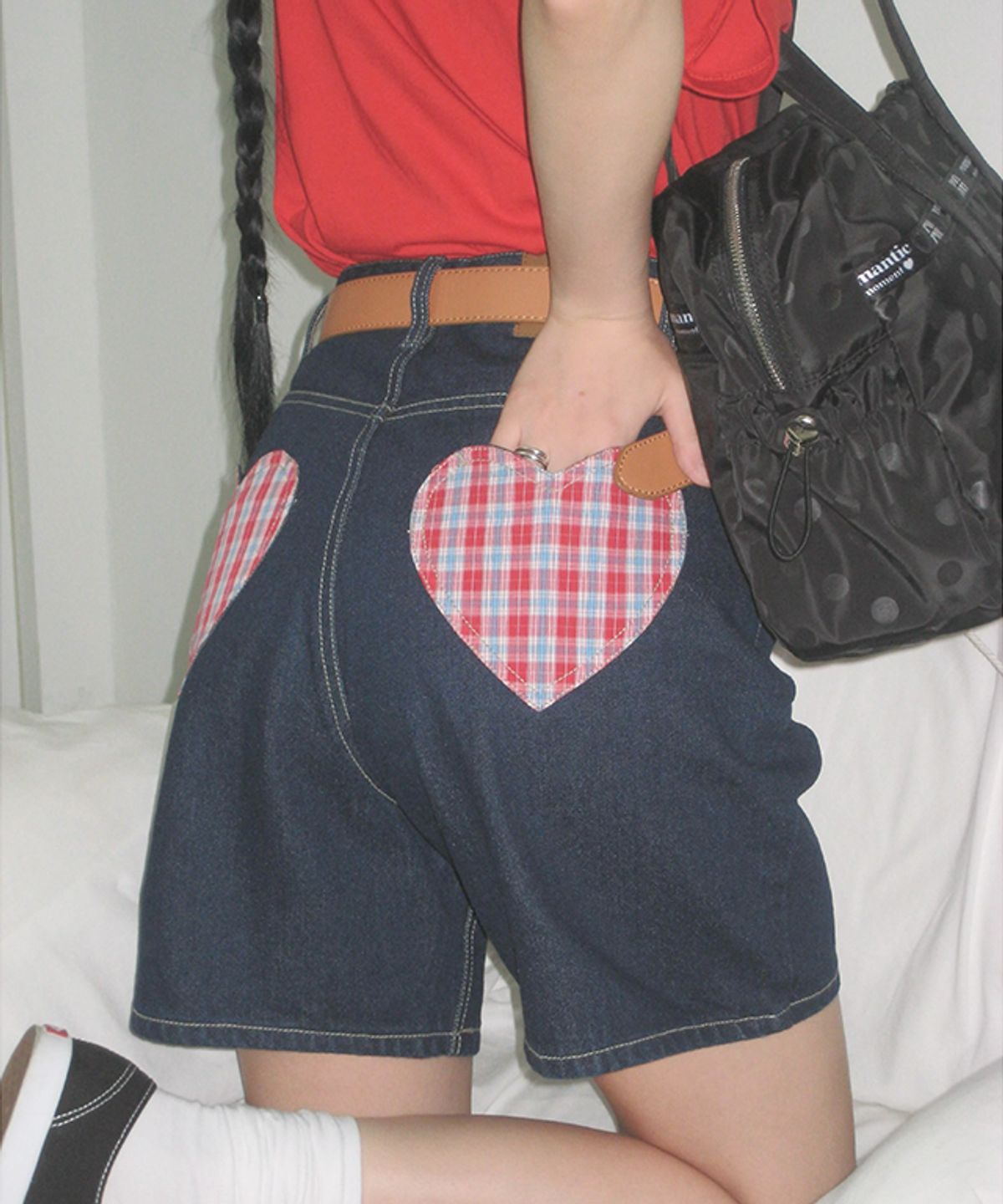 론론(RONRON) CHECK HEART POCKET DENIM SHORTS PANTS INDIGO BLUE