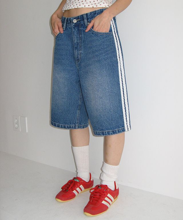 ★2025SS新作★RONRON★SIDE LACE TRACK DENIM SHORTS MUSINSA | RONRON SIDE LACE TRACK DENIM SHORTS PANTS MEDIUM BLUE