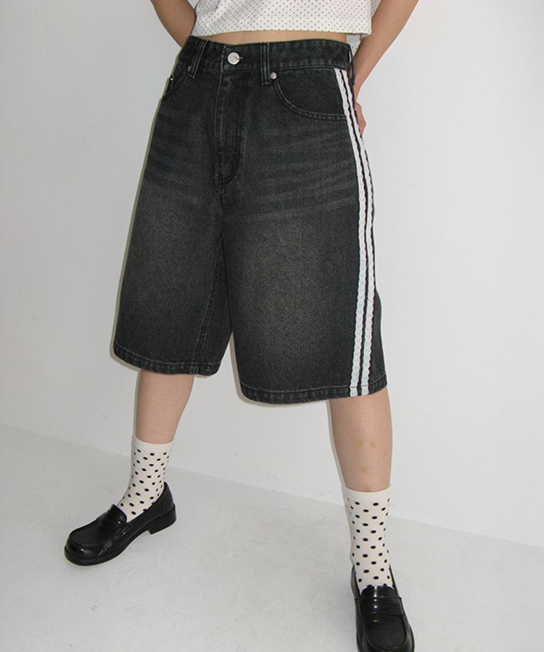 SIDE LACE TRACK DENIM SHORTS PANTS BLACK