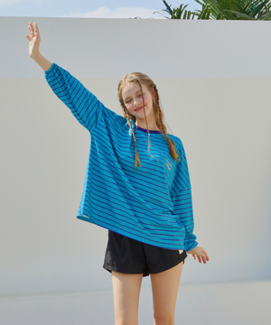 스트라이프 레터링 루즈핏 래쉬가드 - Blue