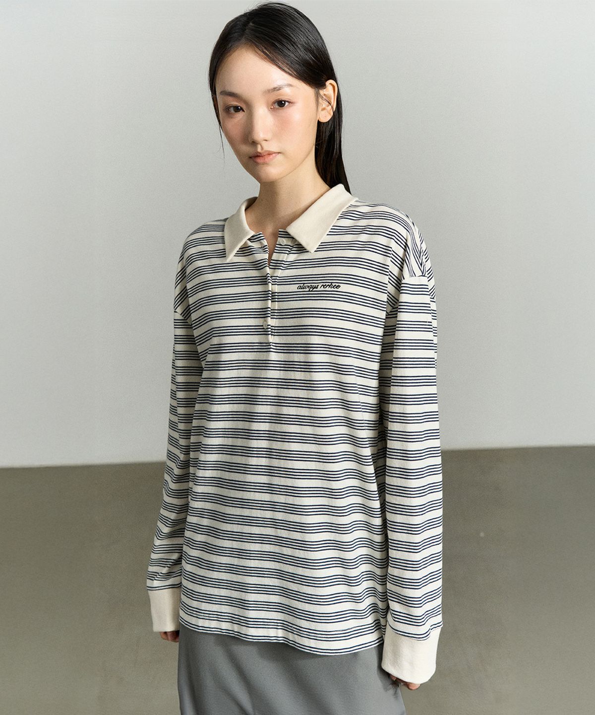 리이(RE RHEE) RUGBY STRIPED UNISEX POLO SHIRT IVORY