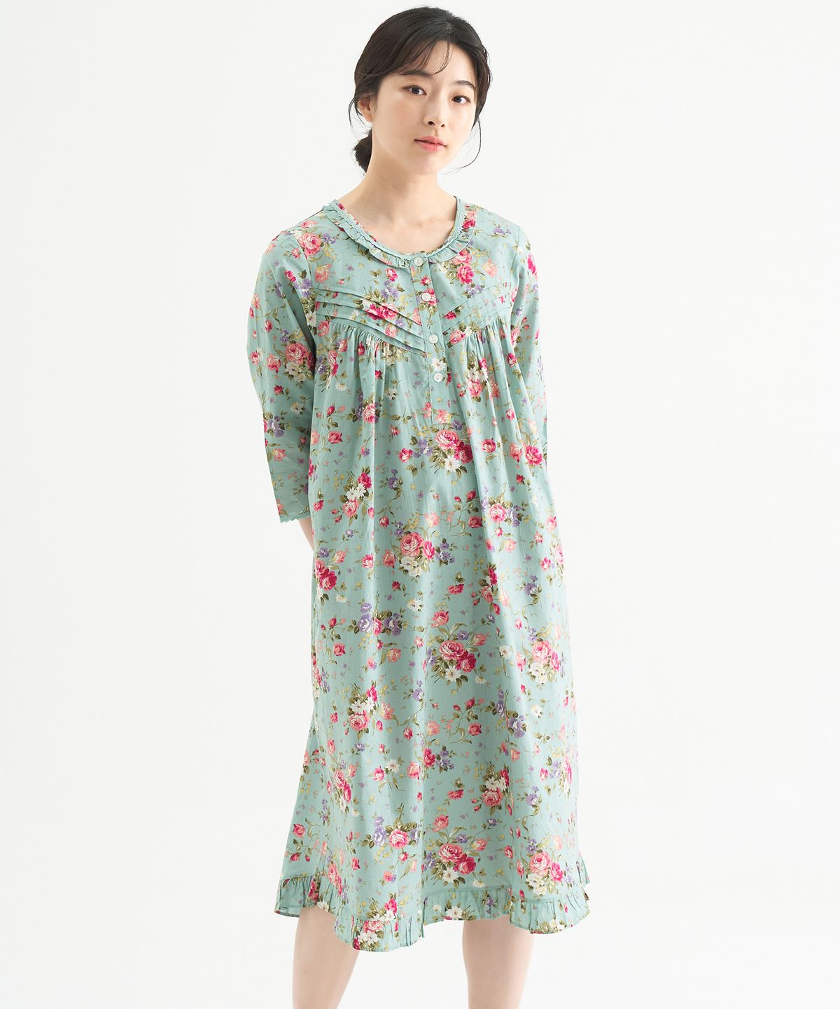 메이플라워(MAY FLOWER) 민트장미 7부 순면 여성 빅사이즈 원피스 잠옷