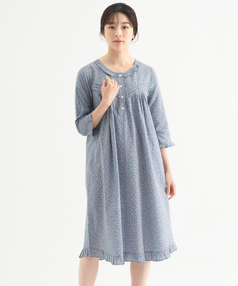 블루잔꽃 7부 순면 여성 빅사이즈 원피스 잠옷