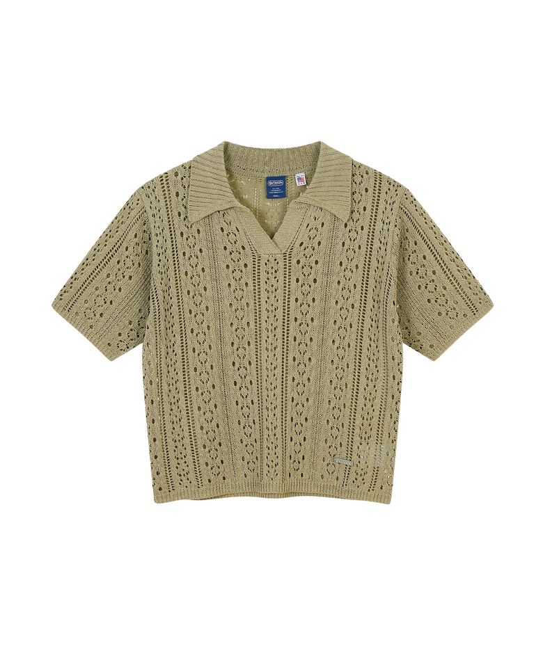 W OPEN COLLAR CABLE KNIT (KHAKI)