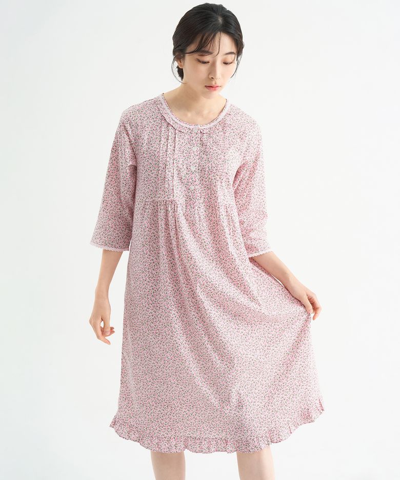 핑크잔꽃 7부 순면 여성 빅사이즈 원피스 잠옷
