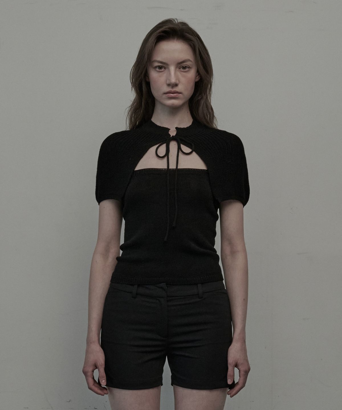 마우솔레움(MAU SOLEUM) Cape Cardigan Knit Top Set - Black