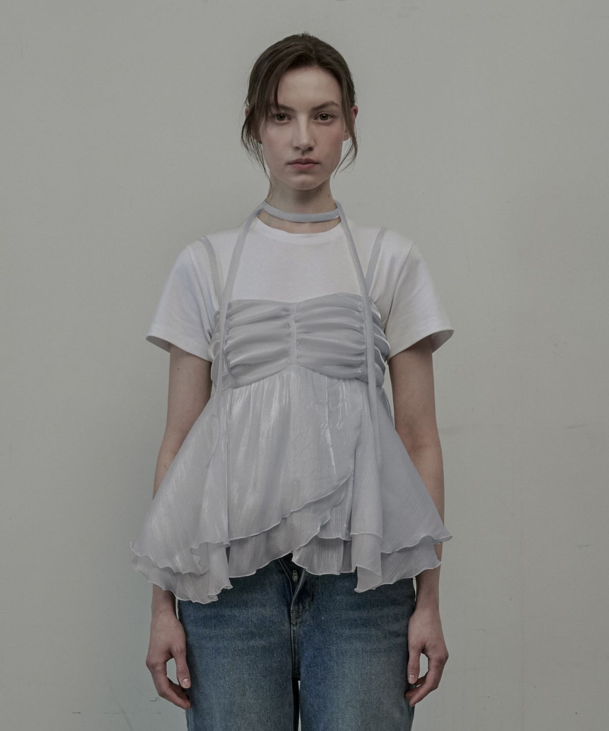 마우솔레움(MAU SOLEUM) Dew Crape Muffler Sleeveless Top - Grey
