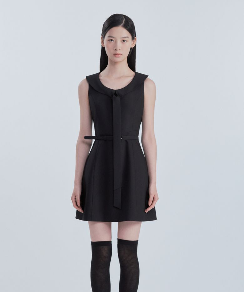 Scarf Sleeveless Suit Dress - Black