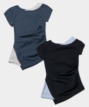 사이드 핀턱 오프숄더 언발란스 레이어드 슬림핏 반팔 슬리브 티셔츠_ 2COLOR