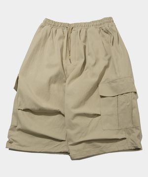 버뮤다 카고 핀턱 스트링 코튼 와이드 밴딩 하프 팬츠[베이지]