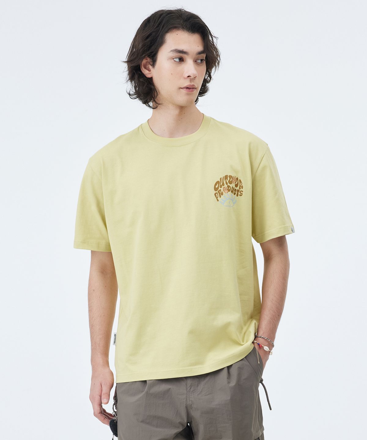 아웃도어 프로덕츠(OUTDOOR PRODUCTS) FLOWER LOGO PRINT HALF SLEEVES (YELLOW GREEN)