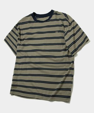 스트라이프 코튼 로고 자수 라운드넥 오버핏 반팔 티셔츠[카키]