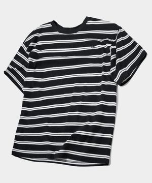 스트라이프 코튼 로고 자수 라운드넥 오버핏 반팔 티셔츠[블랙]