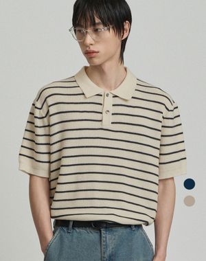 이지온 세미 오버핏 스트라이프 카라 반팔 니트 (2color)