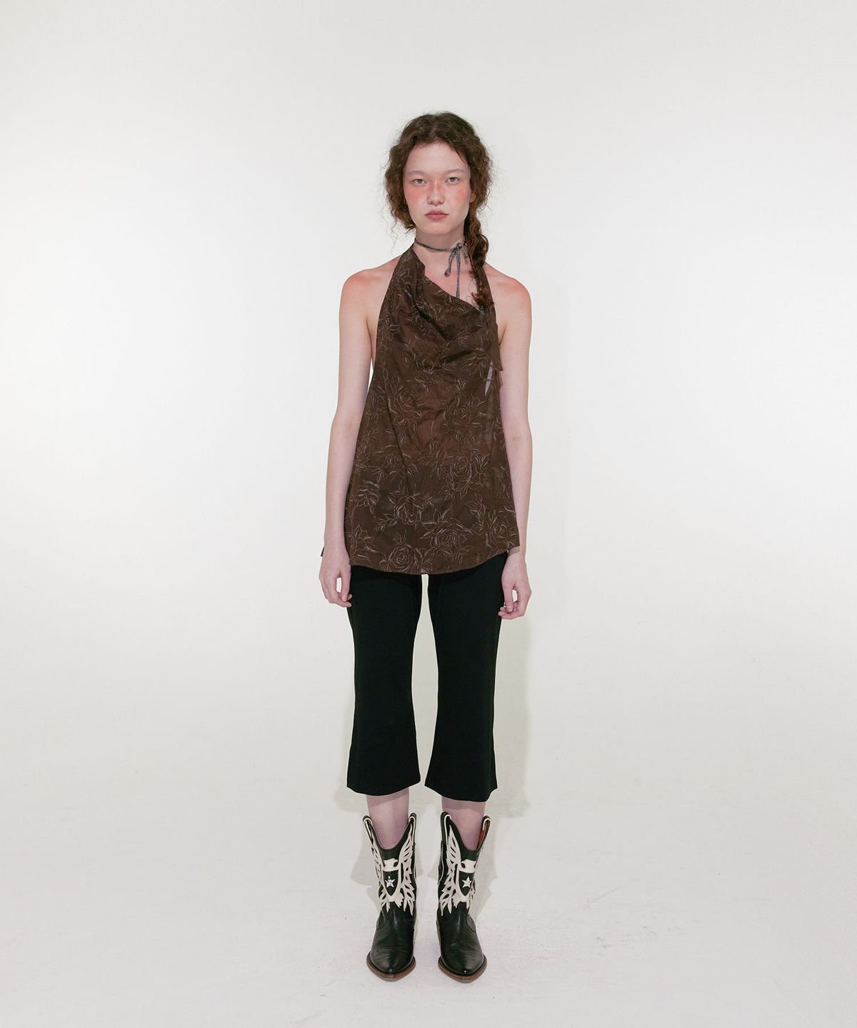 루루서울(LOULOUSEOUL) Draping Floral Halter Top (Brown)