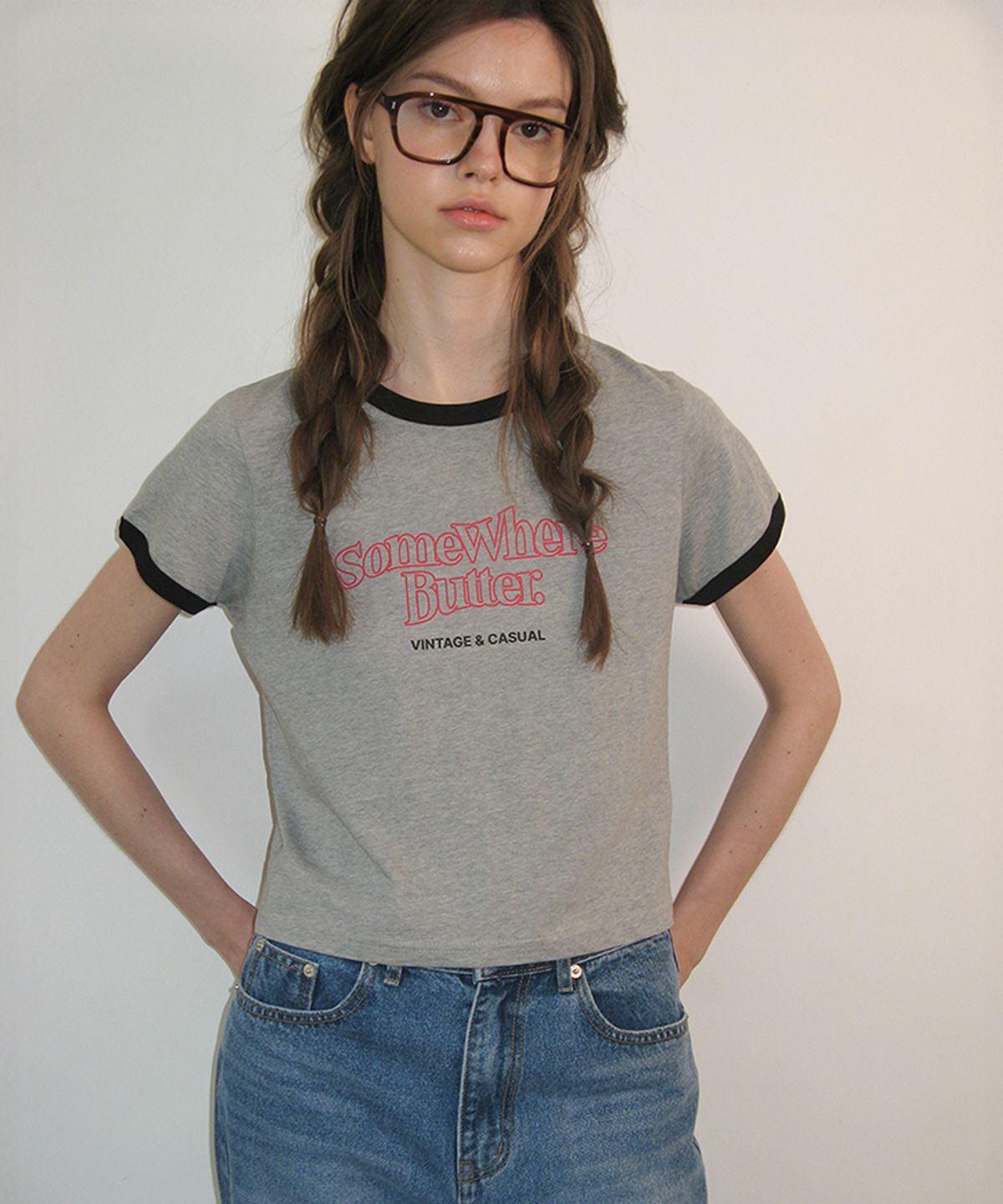 썸웨어버터(SOMEWHEREBUTTER) Wave Logo Ringer Top - Grey(Black)