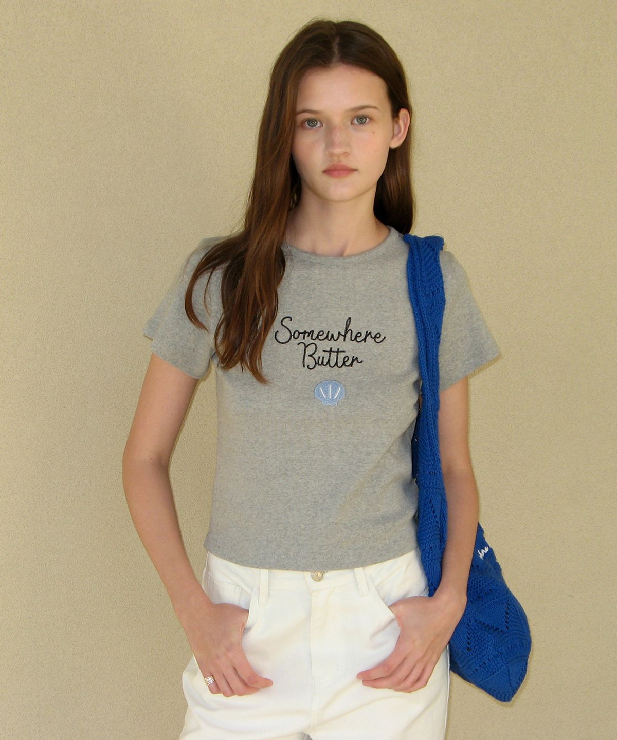 썸웨어버터(SOMEWHEREBUTTER) Boucle Shell Logo Top - Grey