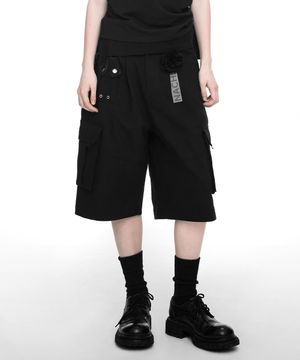 WIDE CARGO HALF PANTS (UNISEX) BLACK