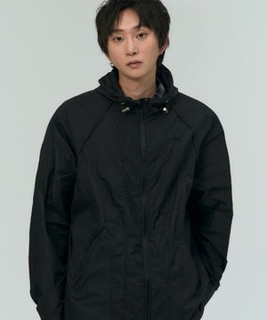 애슬레틱 커프스 스트링 디테일 윈드브레이커 후드 자켓 [블랙]