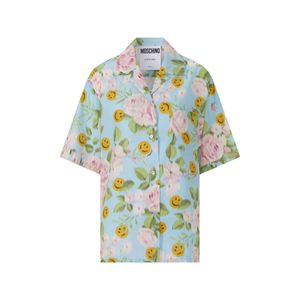 플라워 앤 스마일리 실크 반팔 셔츠