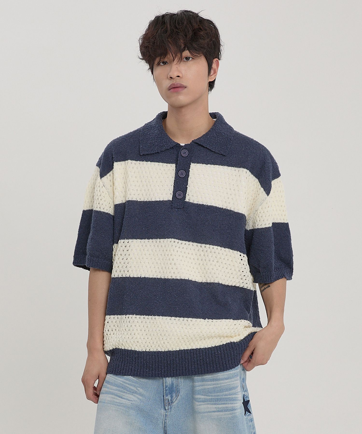 ★Wai Kei★ Skashi Stripe Collar Short Sleeve Knit Navy YKBE Hikari Stripe Shirt – Japanese Workwear Style – Comfysocks