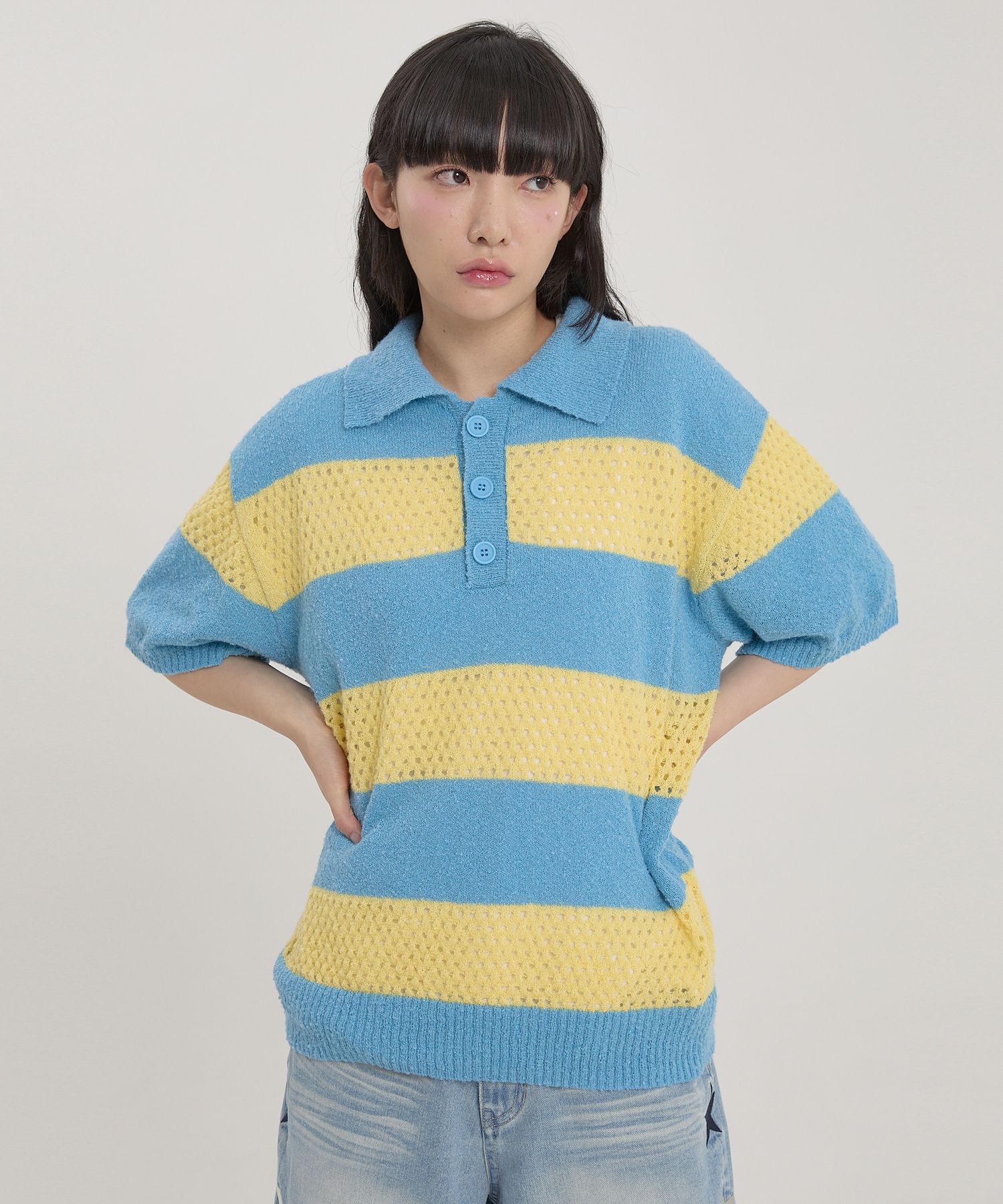 ★Wai Kei★ Skashi Stripe Collar Short Sleeve Knit Sky Blue MUSINSA公式 | WAI KEI Skashi Stripe Collar Short Sleeve Knit