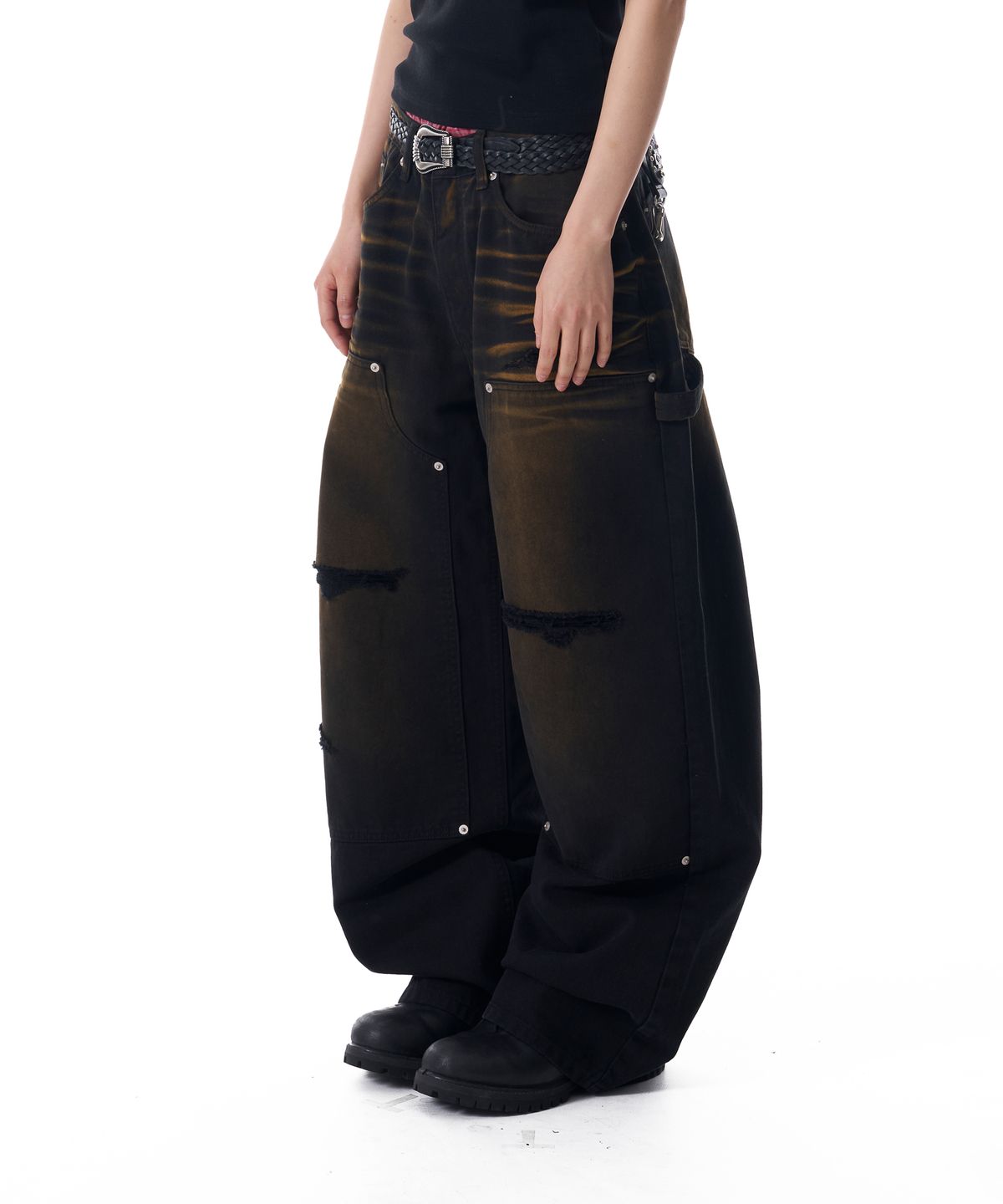 아캄(AAKAM) Dirty Washed Double Knee Cotton Pants (Black)