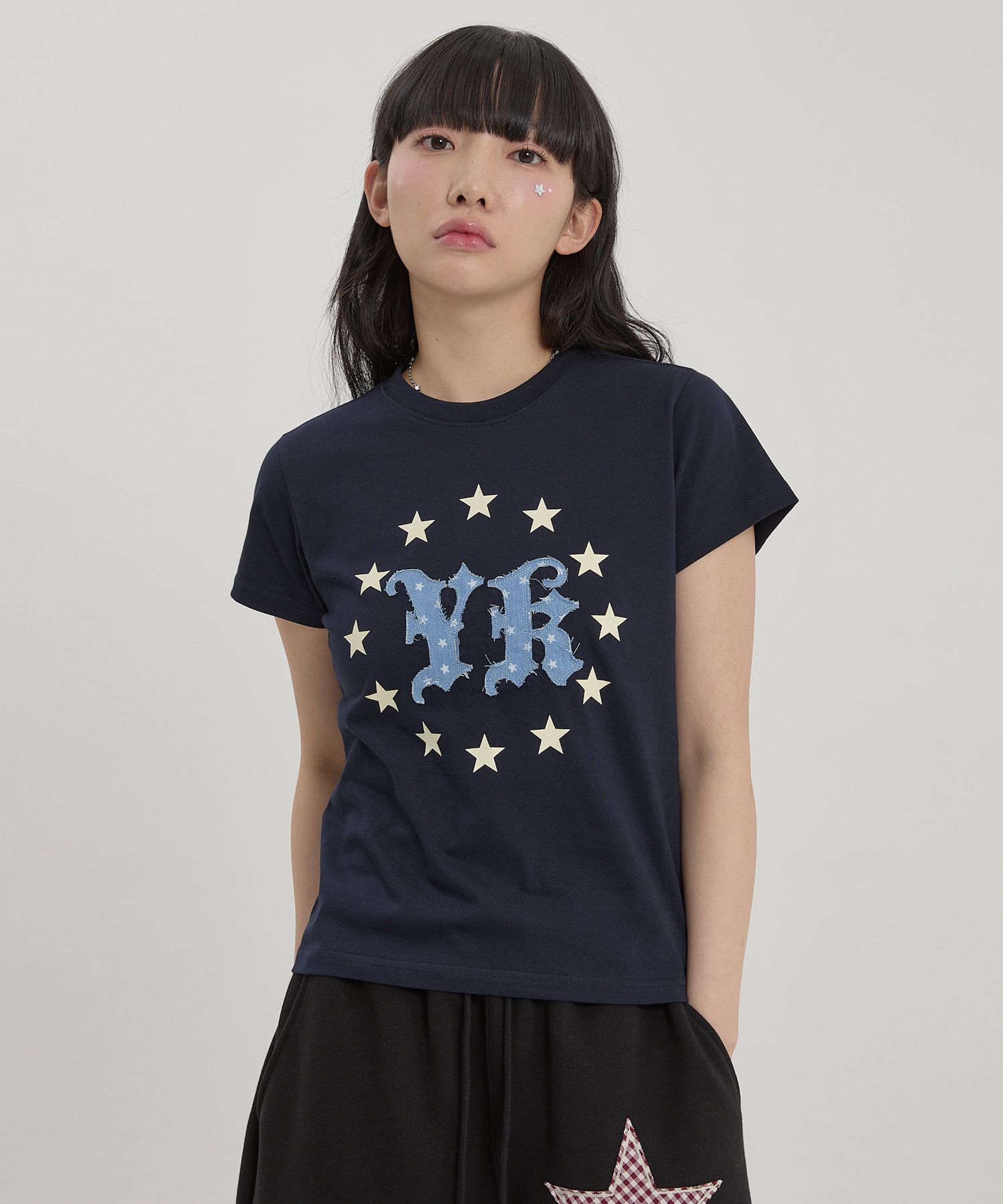 ★WAIKEI★ YK Star Applique Short Sleeve T-shirt Navy YKBE02 MUSINSA | WAI KEI YK Star Applique Short Sleeve T-shirt Navy