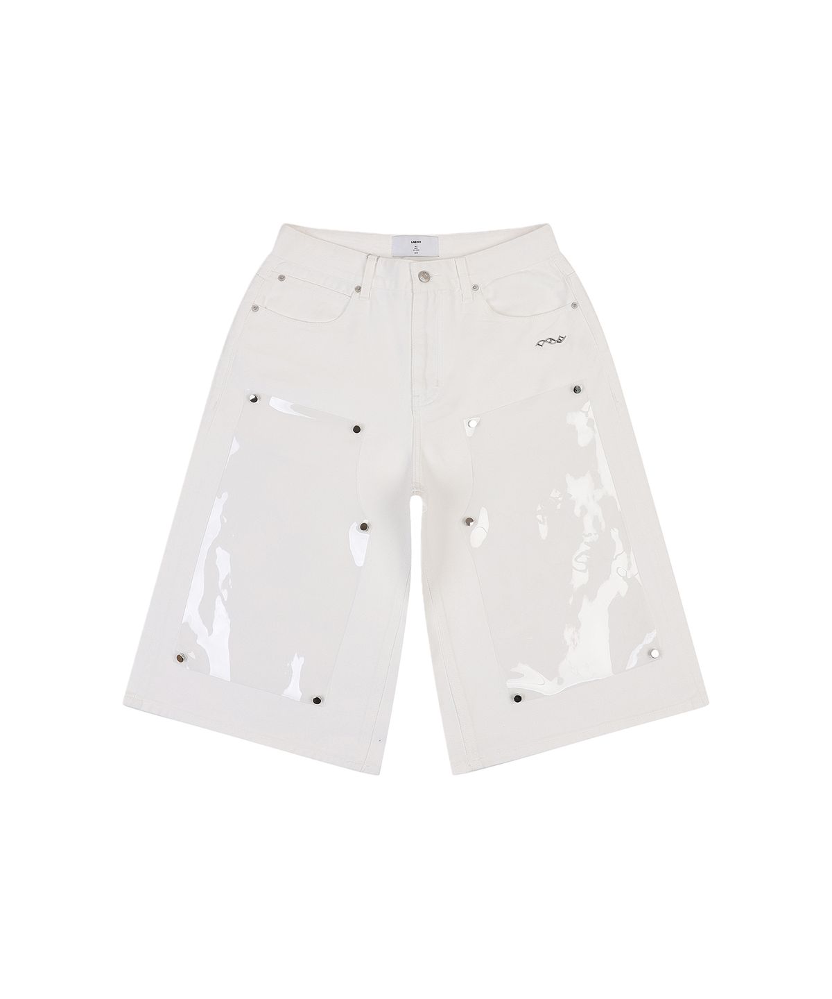 랩원오원(LAB101) 투명 탈부착 더블니 데님 버뮤다  팬츠 (WHITE)