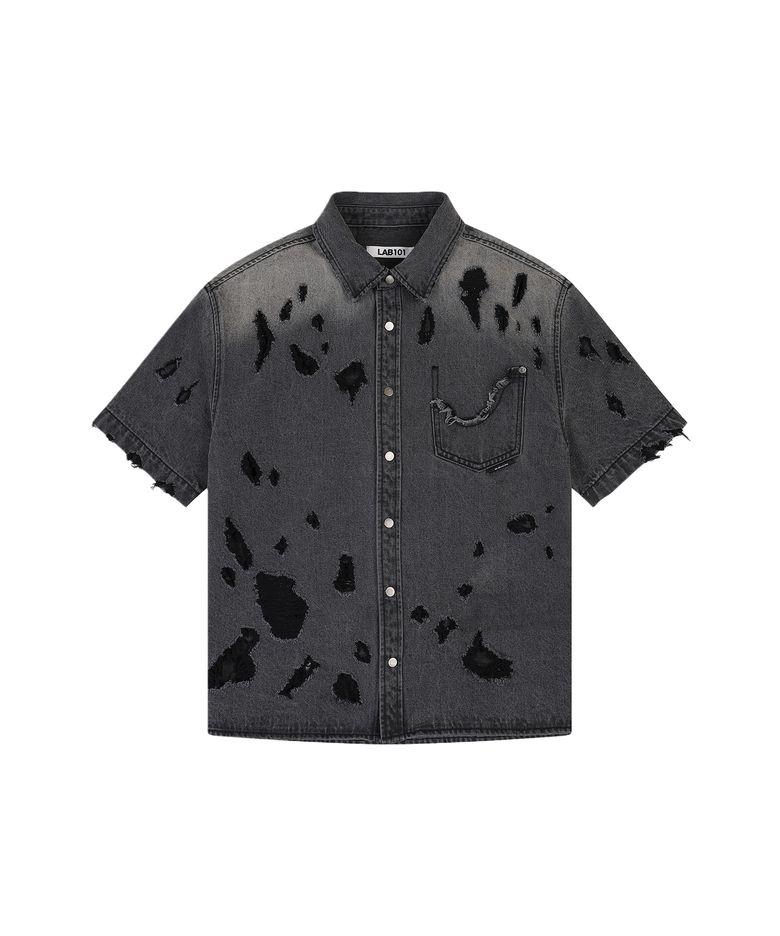 빈티지 번트 디스트로이드 데님 셔츠 (GREY)