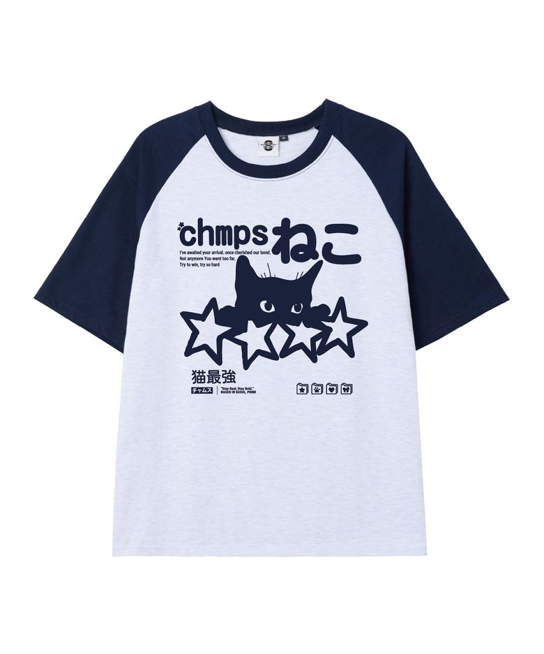 [5 COLORS] CHAMPS NEKO 오버핏 래글런 반팔티셔츠 B25ST82
