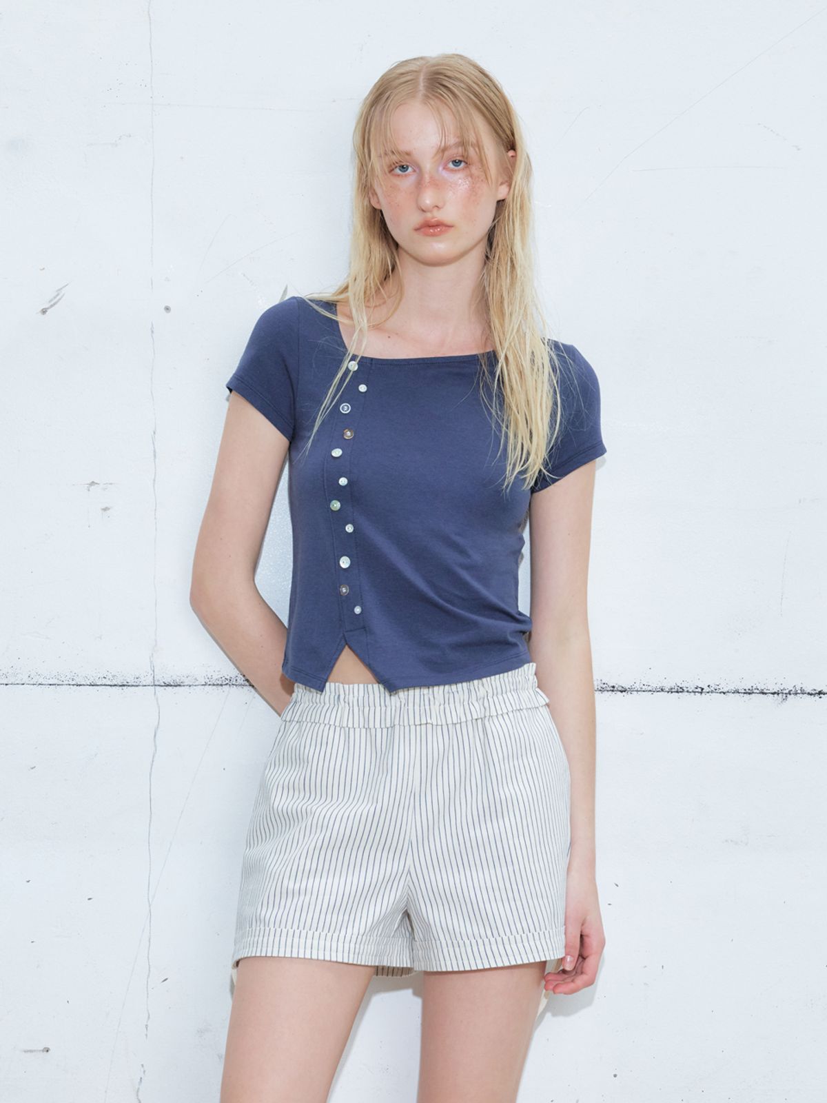 에트몽(ETMON) Pearl Button T-Shirt, Navy