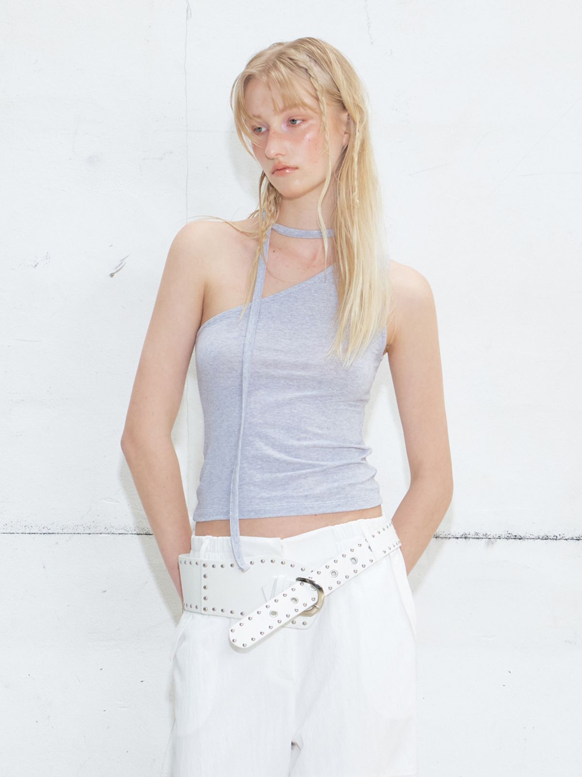 에트몽(ETMON) Tie One Shoulder Sleeveless Top, Blue Grey