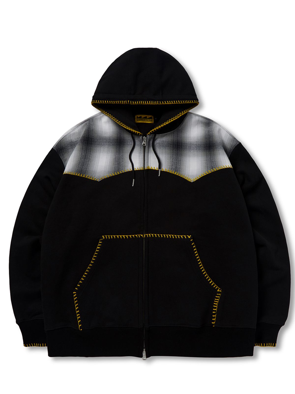 가먼츠팹(GARMENTS FAB) Blanket Stitch Check Hoodie Zip-Up (BLACK)