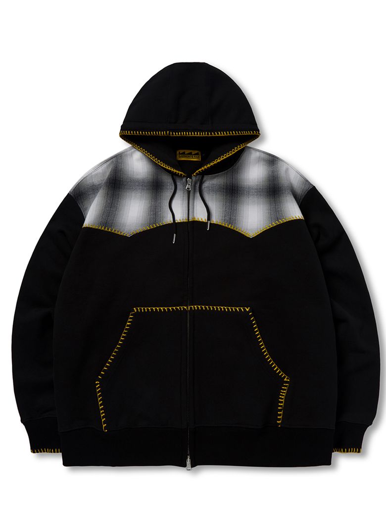 Blanket Stitch Check Hoodie Zip-Up (BLACK)