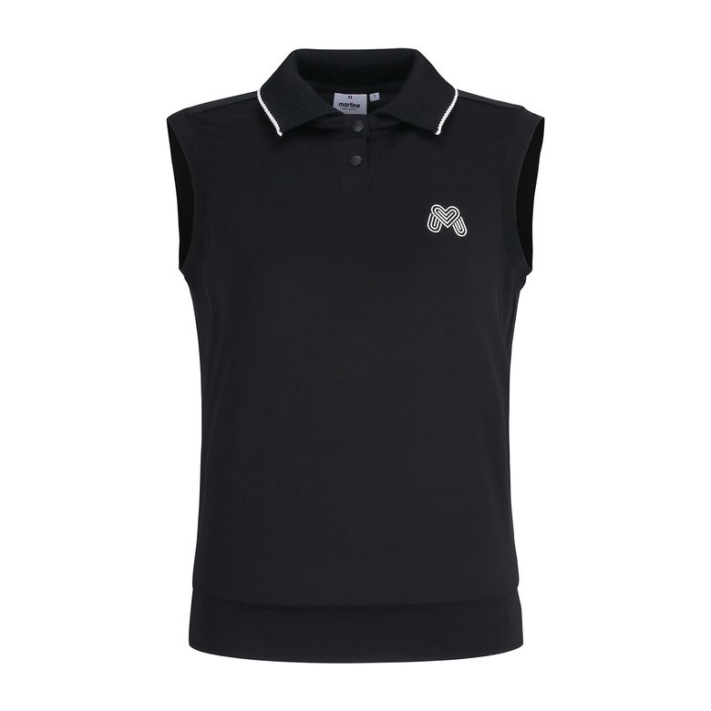 Knit Open Collar Embossed Sleeveless_BLACK