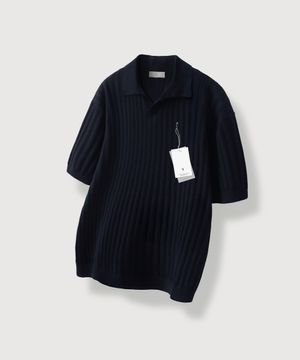 코튼 골지 오픈 카라 니트_Navy