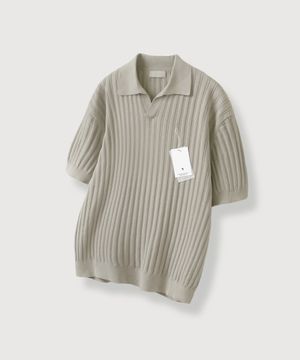 코튼 골지 오픈 카라 니트_Light Beige