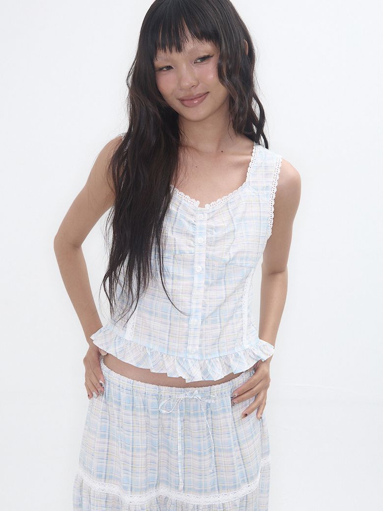 Lace Check Blouse Pale Blue