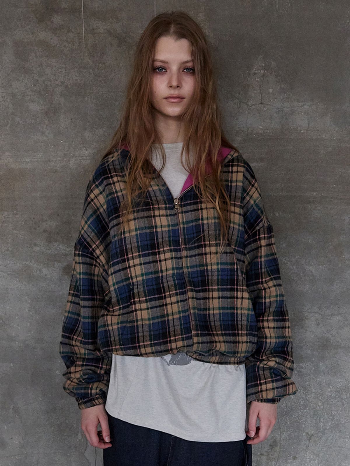익스파이어드걸(EXPIRED GIRL) Check Hoodie Zip up Blueberry