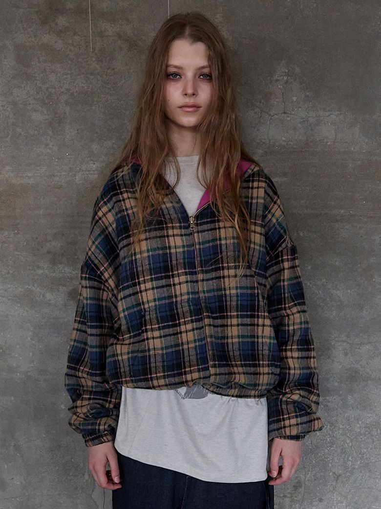Check Hoodie Zip up Blueberry