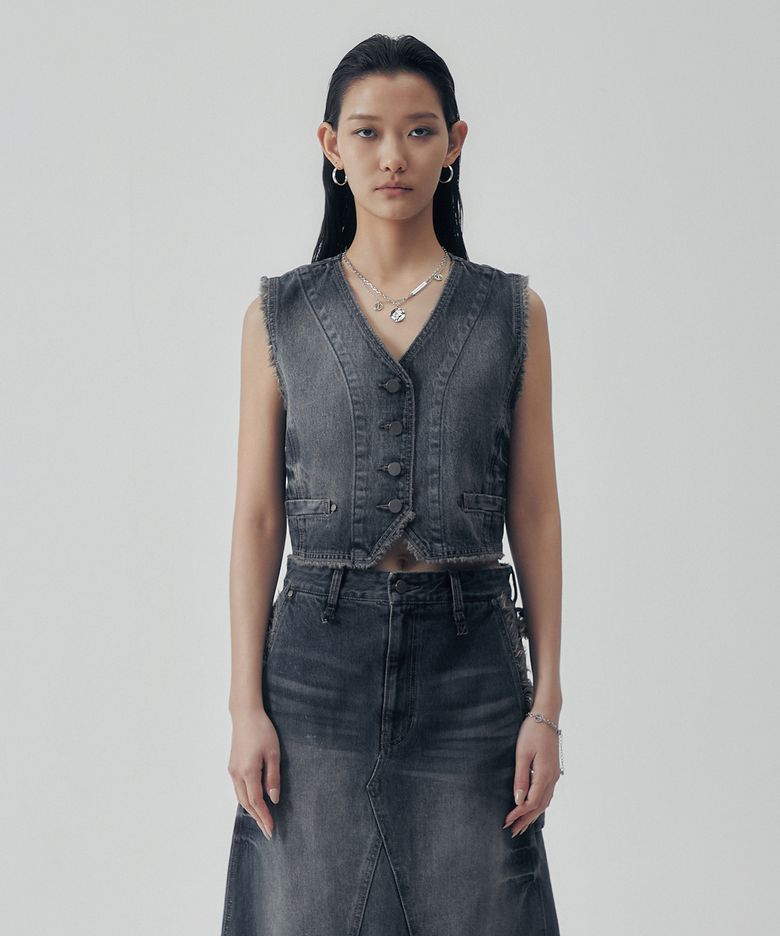 Vintage Frayed Denim Set-up Vest [ Navy ]