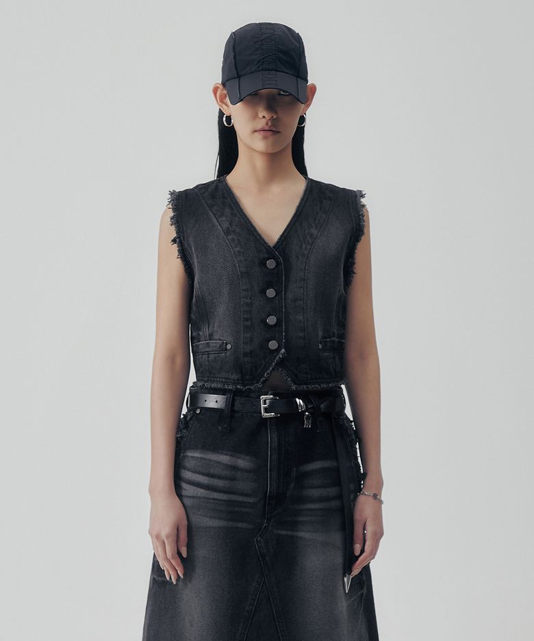 Vintage Frayed Denim Set-up Vest [ Black ]