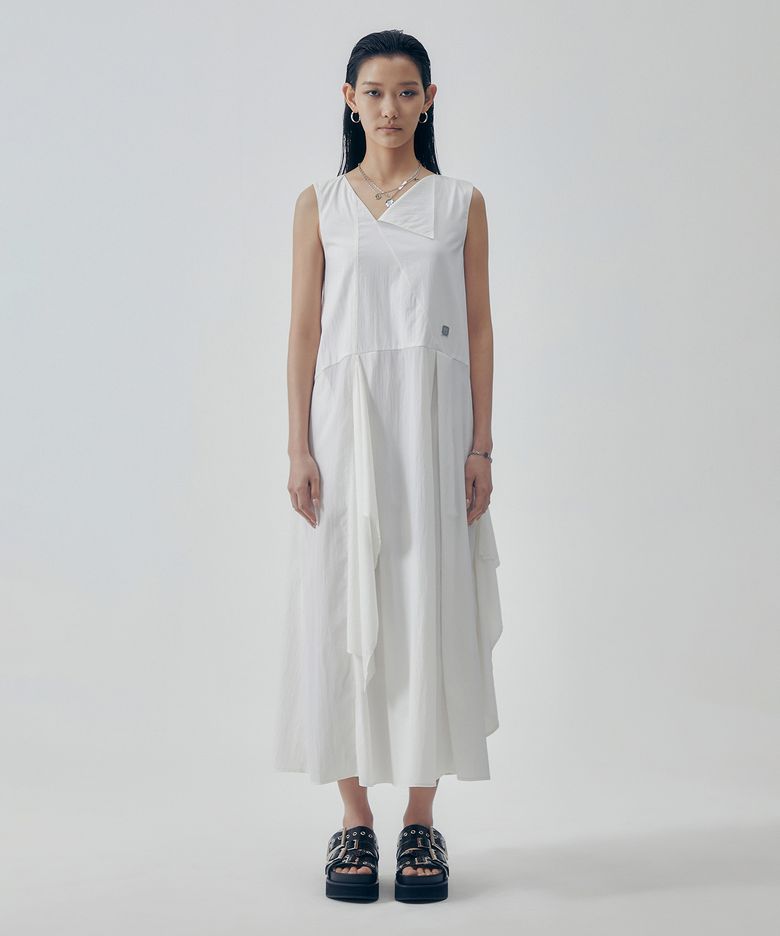 Overlay Draped Sleeveless One-piece [ White ]
